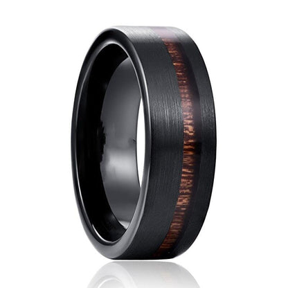 fashion frosted acacia black tungsten ring on a white canvas