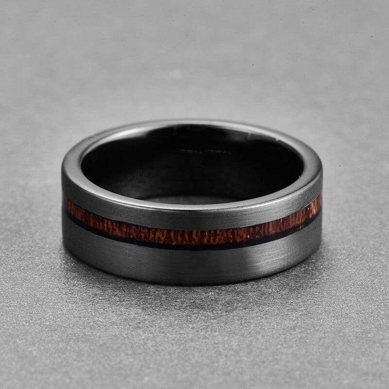 A black tungsten and acacia ring