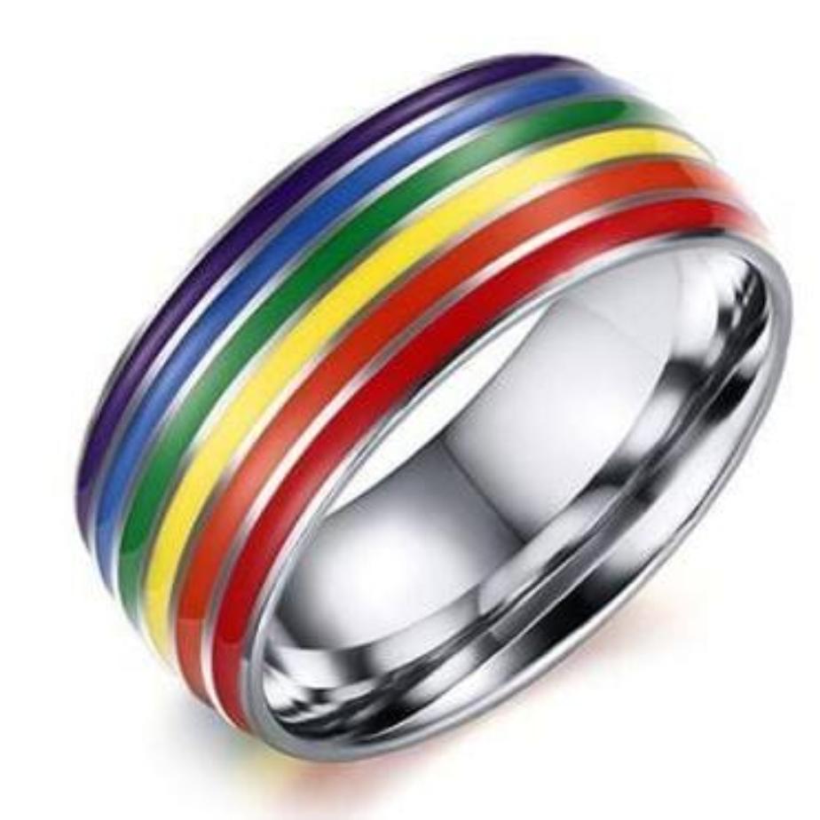 stainless steel ring with rainbow flag colors on a white canvas